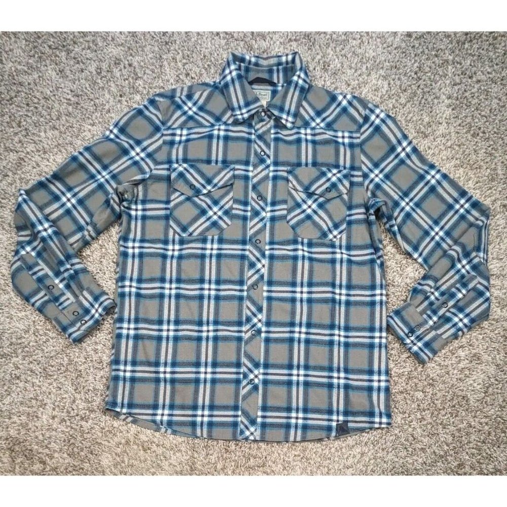 LL Bean Flannel Shirt Mens Medium Grey Plaid Katahdin Performance Snap Button